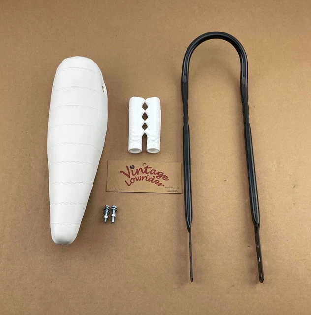 16& VINTAGE LOWIRDER White Banana Seat W/Sissy Bar & White Grips For 16