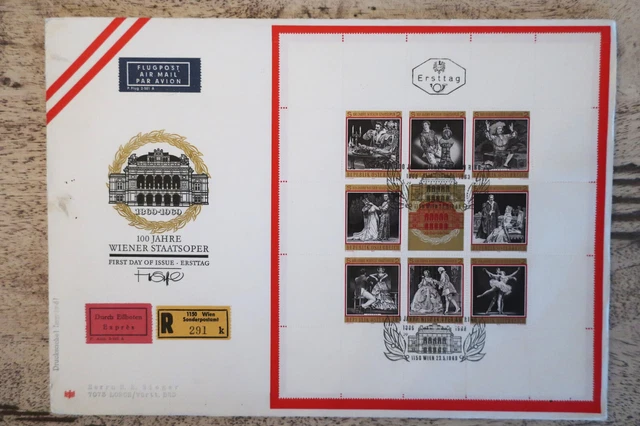 Österreich  100 J. Wiener Staatsoper, Erstagsbrief, Ganzsache, Kleinbogen 1969
