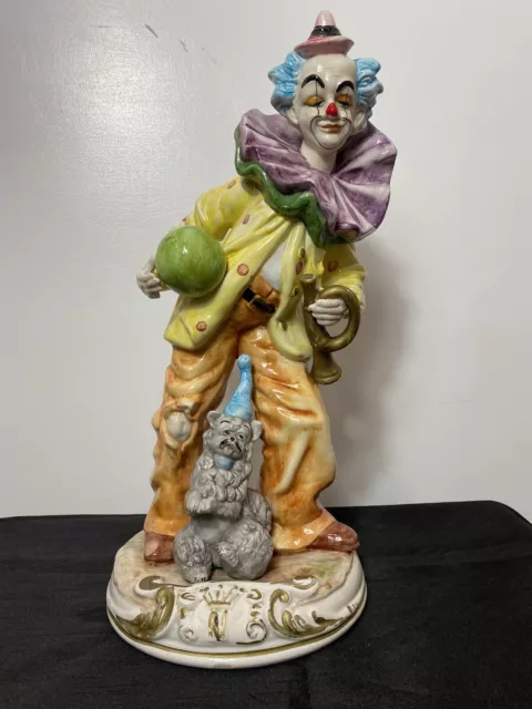 Magnificent Large Capodimonte Bright Glazed Clown Figurine With Dog Companion