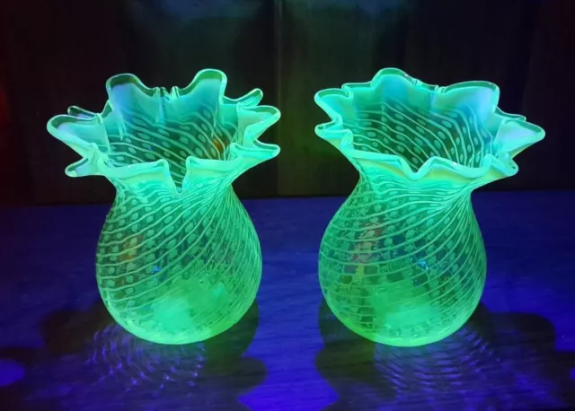 Pair Of Art Deco John Walsh Uranium Vaseline Glass Vases, 4¼in Tall