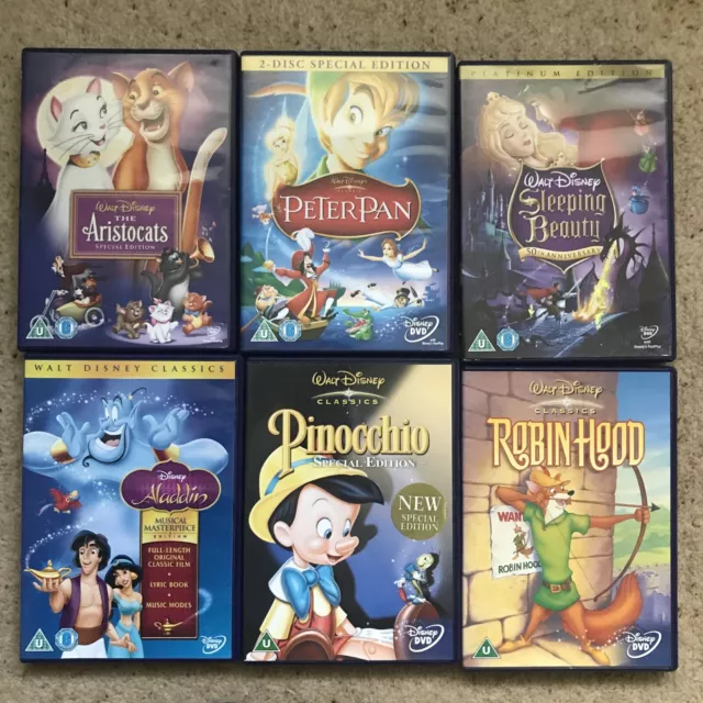 6 Classic Disney DVD Bundle Peter Pan, Robin Hood, Pinocchio, Sleeping Beauty +2