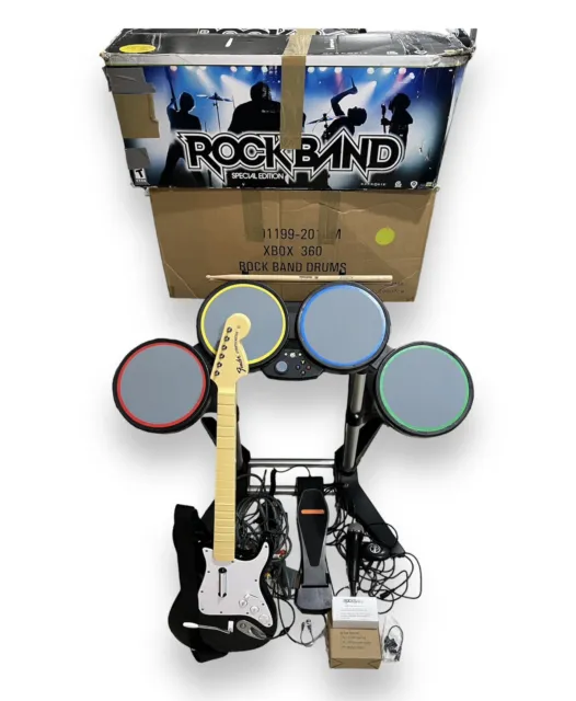 XBOX 360 Rock Band Drum Set Kit Bundle W/Guitar + Pedal + Mic + Original Box