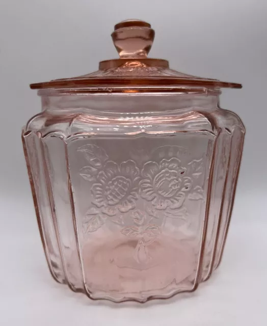 Anchor Hocking Pink Depression Glass Biscuit Cookie Jar Mayfair Open Rose w/Lid