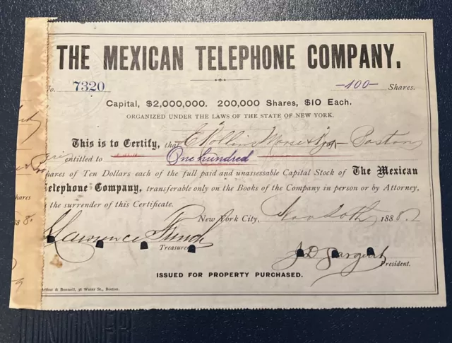 1888 Mexican Telephone Company Stock Certificate 100 Shares (cancelled)