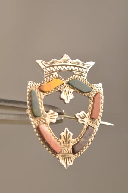 Broche Ancien Argent Massif Antique Scottish Hard Stone Brooch Solid Silver