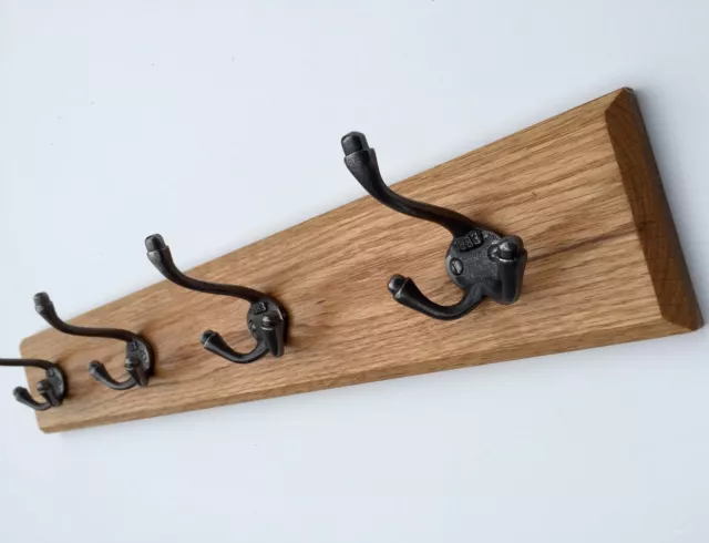 Solid Oak Vintage Coat Rack, Triple Cast Antique Iron Hooks, 2,3,4,5,6,7,8