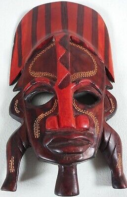 African Kenya Wooden Face Mask Red Brown Hand Carved Tribal Wall Art Hanging