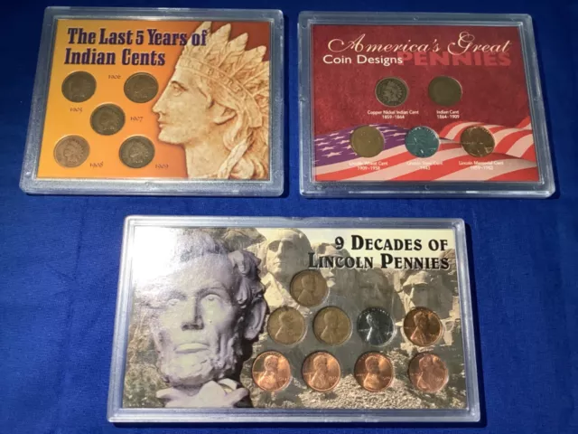 3 Sets, inc 1862 Very Fine Indian Head and Lincoln Pennies in 3 Collectors sets