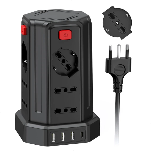 TOPREK Ciabatta Multipresa Verticale – 12 Prese Italiane + 5 USB, 4000W, Cavo 2m, Protezione Sovratensione