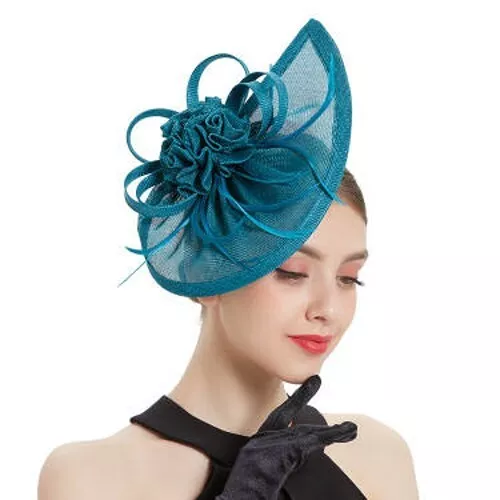 Stunning Teal Sinamay Fascinator With Matching Feathers & Flower On Headband
