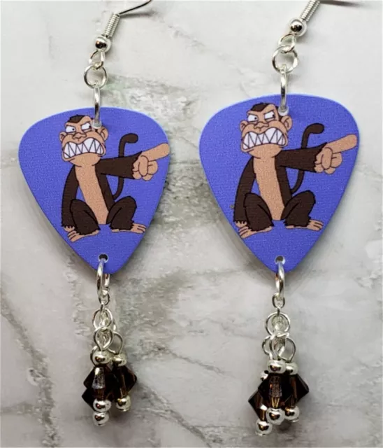 Family Guy Evil Monkey Guitar Pick Earrings with Brown Swarovski Crystal Dangles