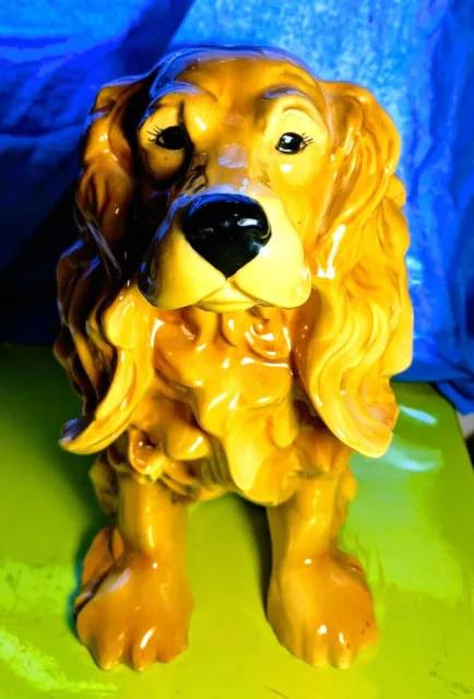 Vintage Large Brown Cocker Spaniel Dog Glass Glazed Pottery Figurine Figure 11"