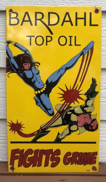 Vintage 1955 Dated Bardahl Motor Oil Porcelain Gas  Sign Fights "Grime Gang"