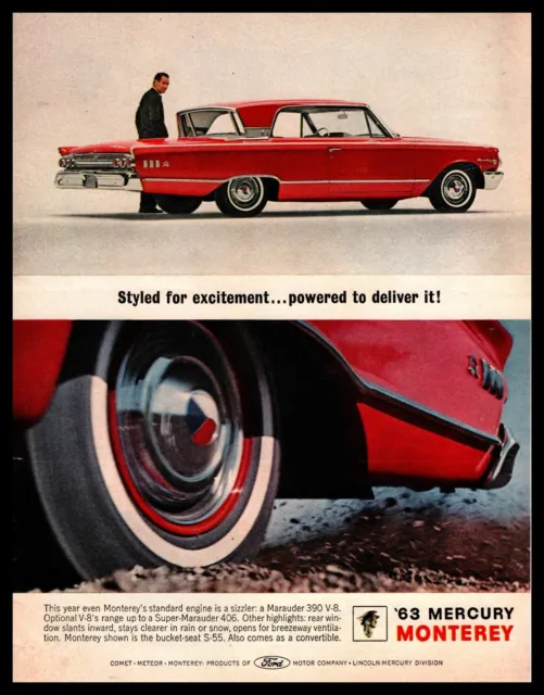 1963 Mercury Monterey S-55 Marauder 390 V-8 Engine 250 HP Bucket Seats Print Ad