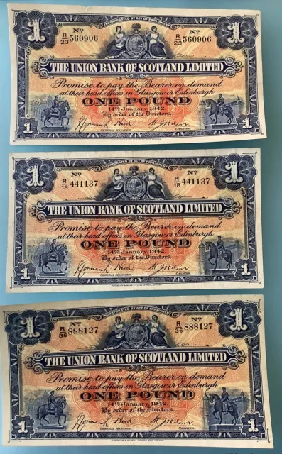 1942 Union Bank of Scotland One Pound £1 Hird Wilson Notes X3