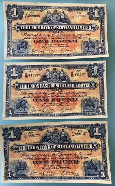 1942 Union Bank of Scotland One Pound £1 Hird Wilson Notes X3