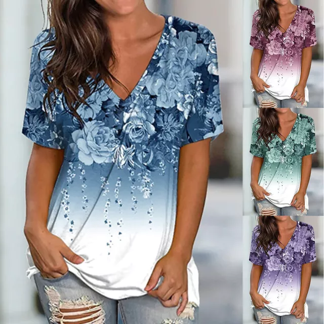 Womens V Neck Floral Blouse Pullover T-Shirt Short Sleeve Tees Tunic Top Summer✧