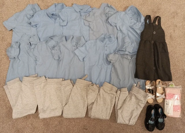 Lotto di abiti da lavoro per ragazze età 4-5 anni abito da asilo nido blu polo grigio scarpe da jogger