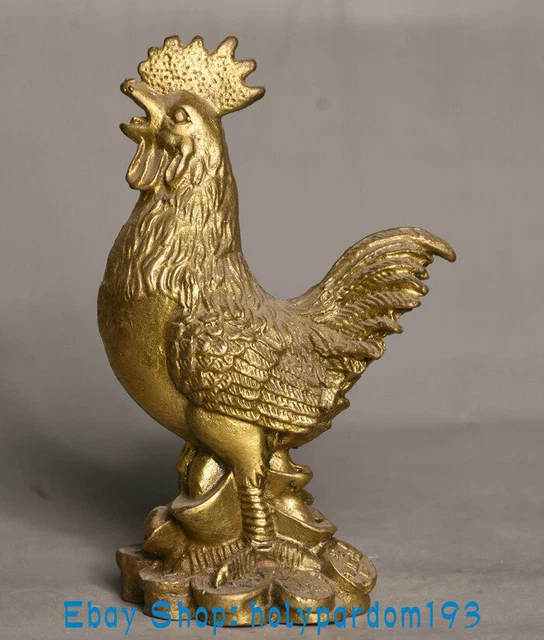 3.6" Old Chinese Copper Brass Fengshui 12 Zodiac Year Rooster Cock Wealth Statue