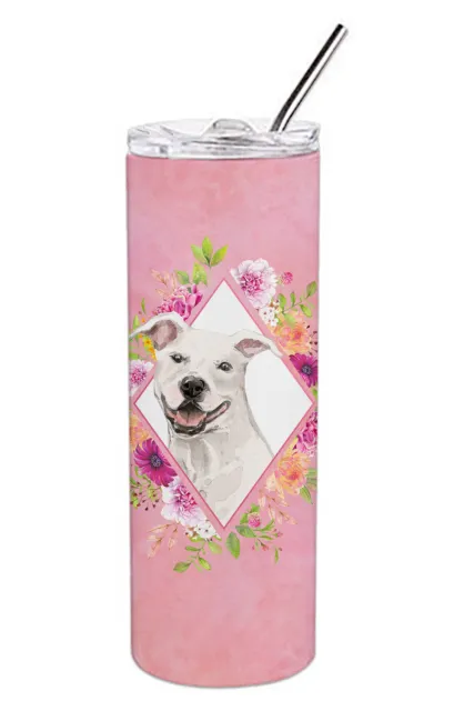 White Pit Bull Terrier Pink Flowers Stainless Steel 20 oz Tumbler CK4268TBL20