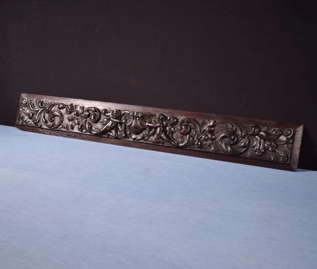 *French Antique Highly Carved Architectural Trim Panel in Solid Oak w/Cherubs