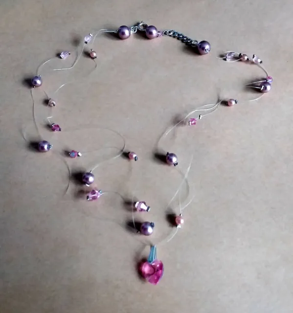Halskette, Rosa Herz+Perlen, doppelreihig, 1x getragen