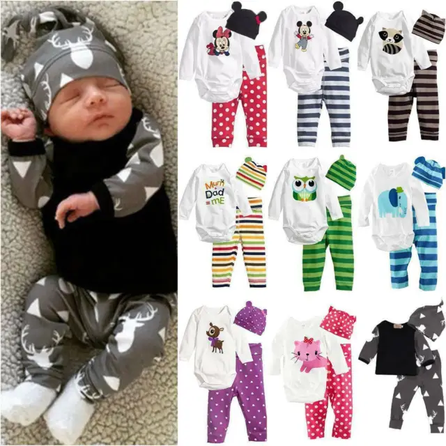 Newborn Boys Girls Long Sleeve Romper Tops + Striped Pants + Hat Set Baby Outfit