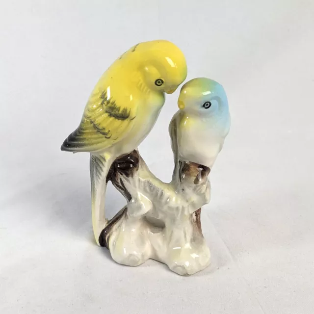 Vintage Ceramic Japan Paroquet Figurine Blue and Yellow Parakeets Bird on Branch