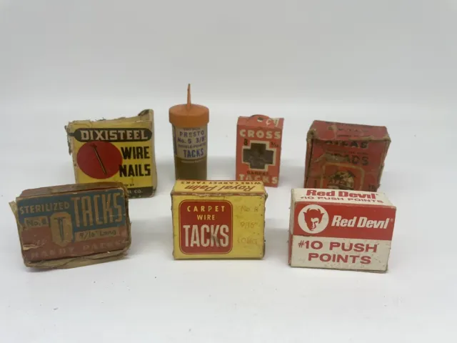 Lot of 7 Vintage 60’s Hardware Boxes / Nails Tacks  Red Devil Cross Advertising