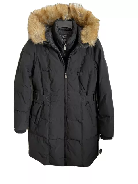 Jones New York Ladies Down Coat Fur Trim Hood Black Size M New