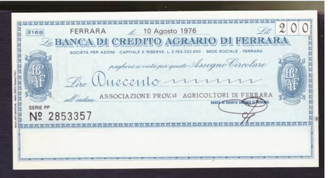 Miniassegno Banca Credito Agrario di Ferrara Ass. Agricoltori 200 L 10-8-1976