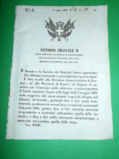 Decreti Regno Sardegna Torino Divisione Amministrativa di Sassari Alghero 1854