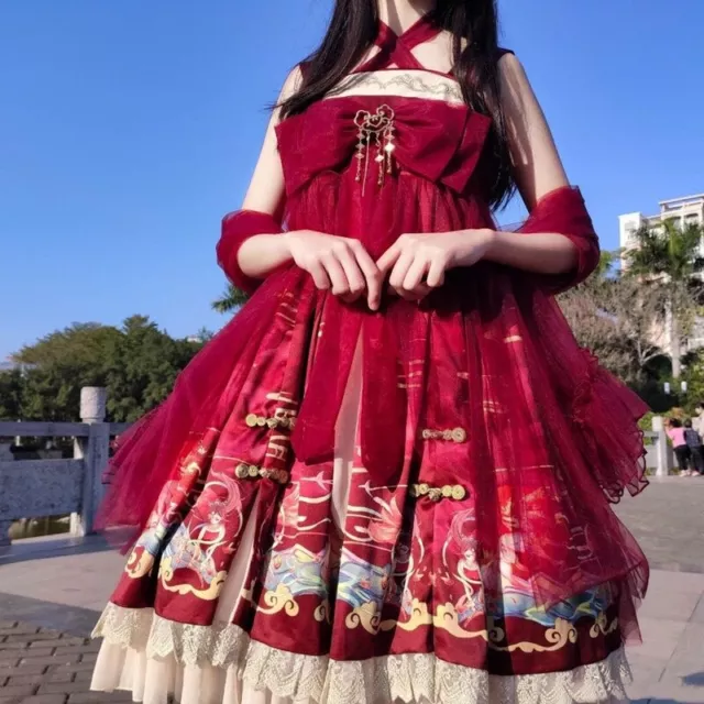 Donna Gotico Lolita Ragazza Vestito Volant Cosplay Costume Kawaii Cute Midi Slip