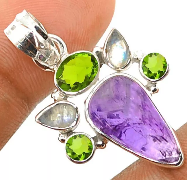 Natural Amethyst & Peridot 925 Solid Sterling Silver Pendant JH2-8