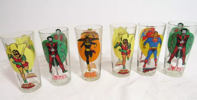 Batman series Pepsi Glasses 1976,  Robin x 2 , Batgirl, Joker x 2,  Superman