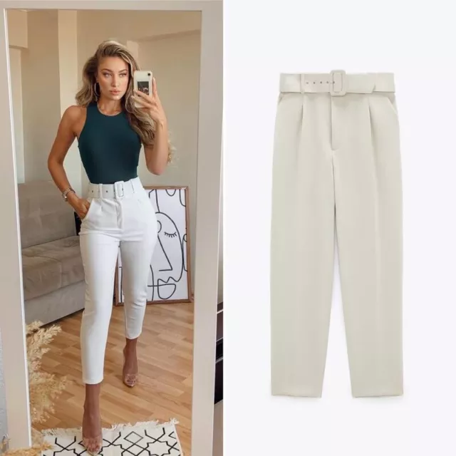 Zara HIGH WAISTED PANTS WITH FABRIC COVERED BELT size S Ref. 4387