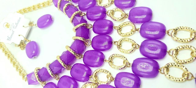 Hannah Collection Gold & Purple 💜 Statement Chandelier Bead Necklace & Earrings