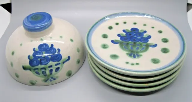 4 MA Hadley Blueberry Bouquet Bread Plates Incised Sig PLUS Butter/Cheese Dome