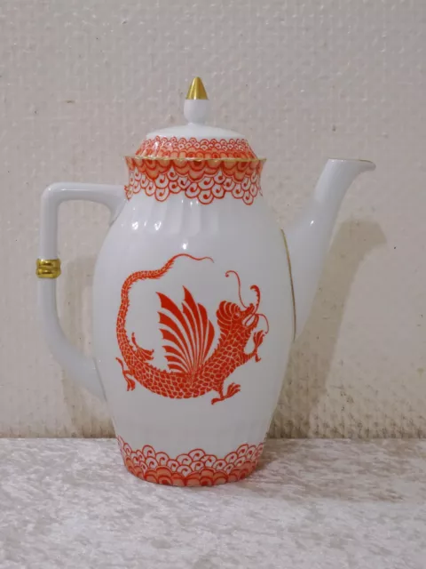 Antike Beyer & Bock Art Deco Porzellan Kaffeekanne Roter Drache Vintage um 1920