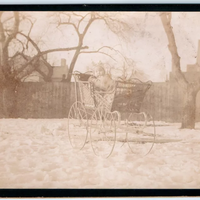 c1900s Outdoors Winter Lovely Baby in Stroller in Snow Cabinet Card Photo B10