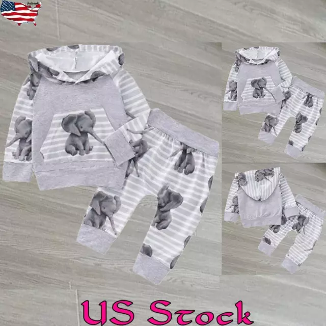 Newborn Baby Boy Girls Pullover Tracksuit Elephant Hooded Tops Pants Outfits Set