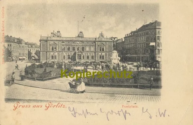 s/w AK Görlitz; Postplatz, Blick zum Postamt mit Brunnen (Muschelminna), 1903