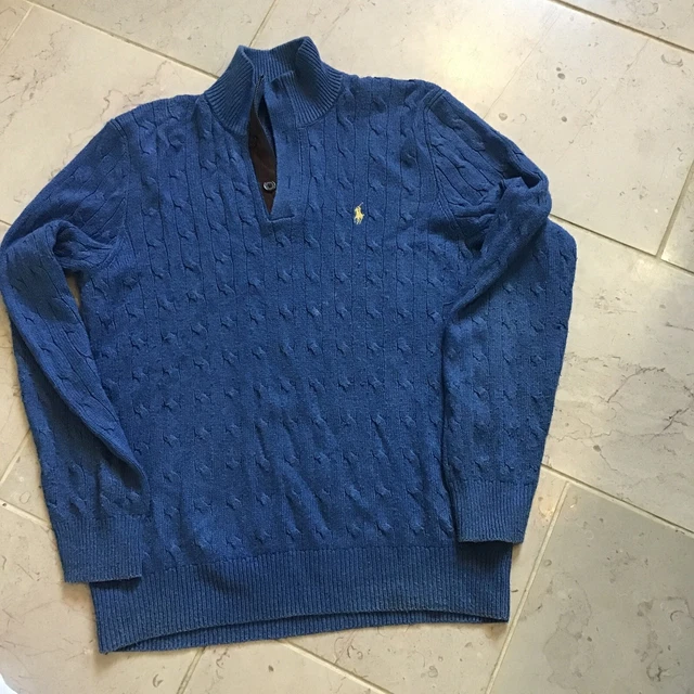 Ralph Lauren Polo Men's Blue Cable Knit Jumper/Sweater Large Tussah Silk