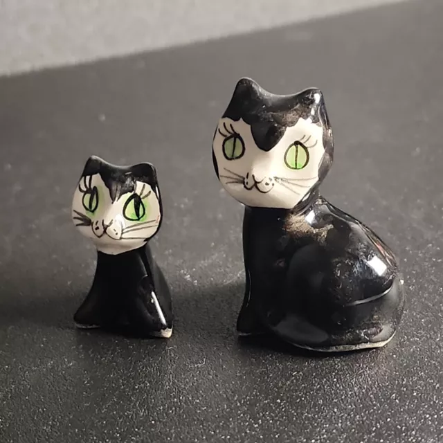 2 Philip Laureston Cat Figurines Black White Green Eyes Vtg Pottery Mini Kitten