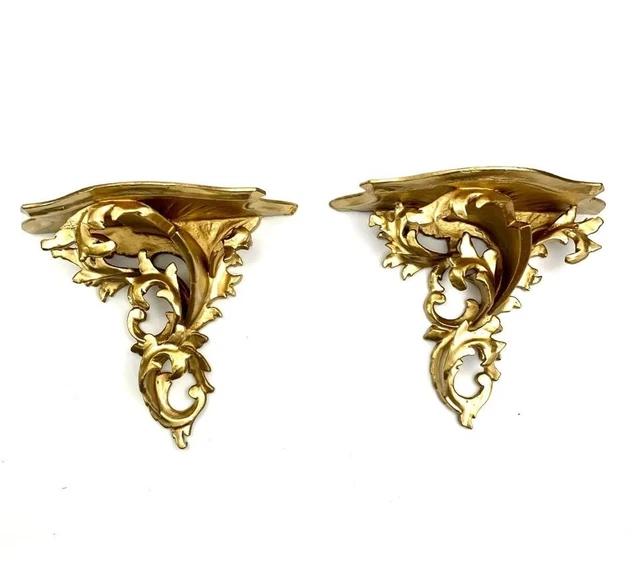Gold Vintage Pair Italian Carved Gilt wood Wall Shelf Decor