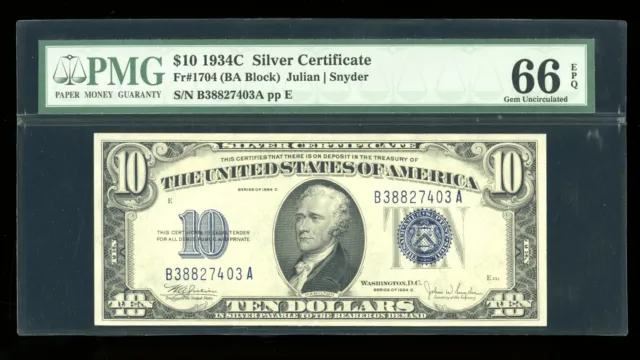 DBR 1934-C $10 Silver Gem Fr. 1704 PMG 66 EPQ Serial B38827403A