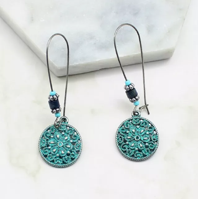 Round Engraved Dangle Drop Earrings Vintage Boho  Turquoise Colour for Women UK