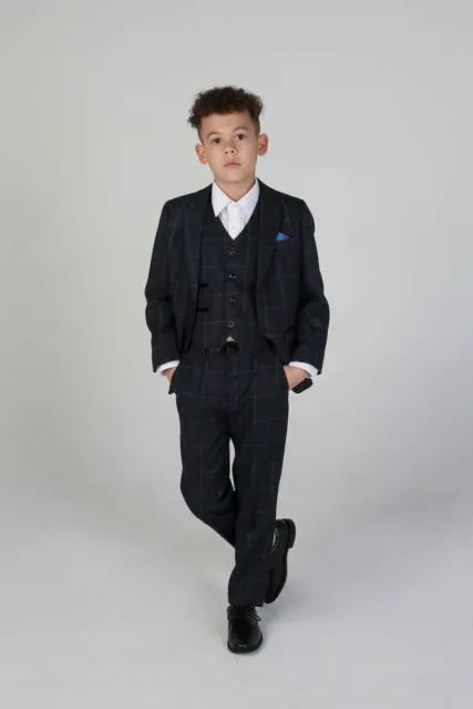Boys Navy Tweed Check 3 Piece Suit Premium Kids Childrens Wedding Suit Ages 1-14