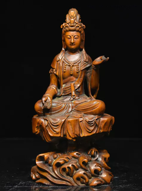 Chinese Buddhism Boxwood Wood Carved GuanYin Kwan-yin Bodhisattva Buddha Statue