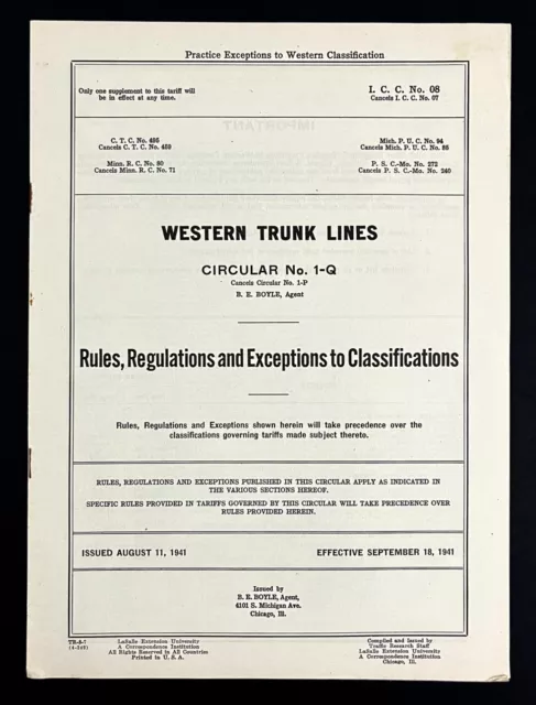 1941 Western Trunk Lines Classifications Tariff Rules Vintage Railroad Booklet